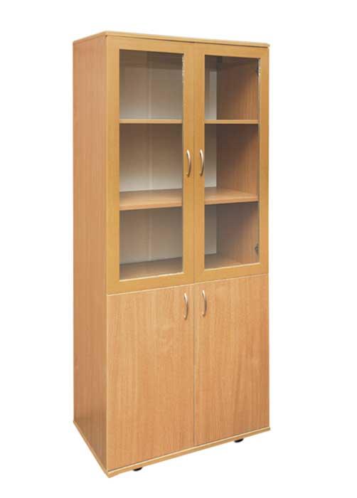 Шафа книжкова зі скляними дверцятами в рамочному фасаді,з ламінованої ДСП, 4 полиці,(ТОВ ‘’АЛМАНТ’’), 802х403х1816 мм.